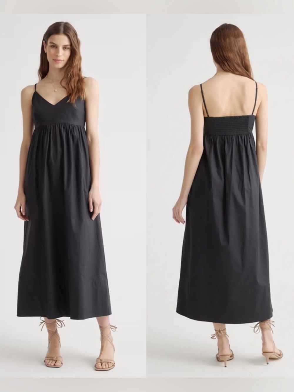 Quince Black Organic Cotton Poplin Smocked Back Maxi Dress V-Neck Size L NWT